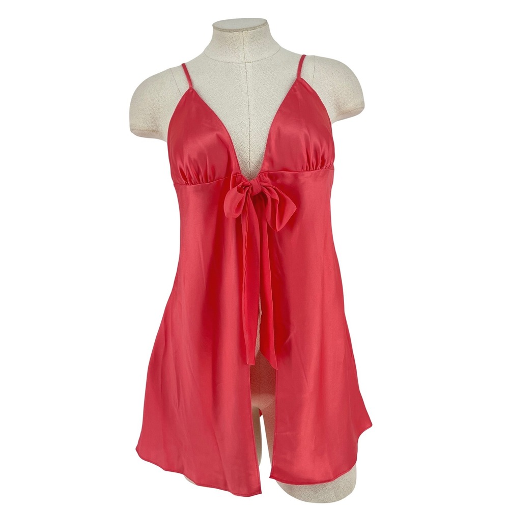 Victoria's Secret '04 Silk SatinTie Front Chemise Lingerie  Top L Red Pink fairy
